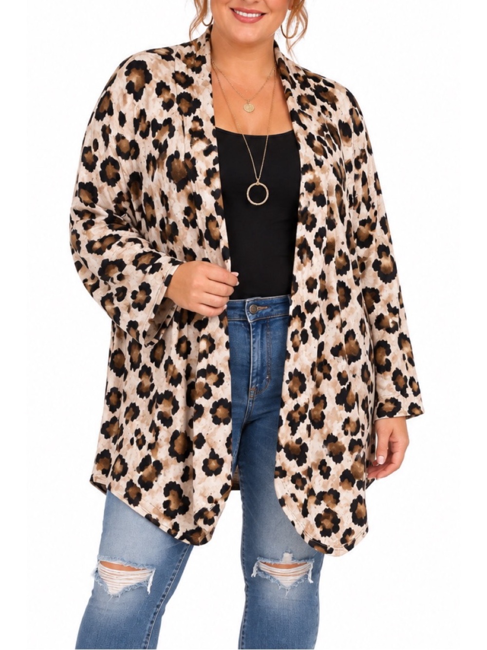 Now N Forever Leopard Print Open-Front Knit Cardigan-2x